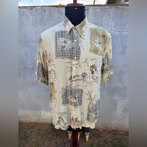 PreOwned Tori Richard Beige Hawaiian Print Full Button Men's Large 100% Silk